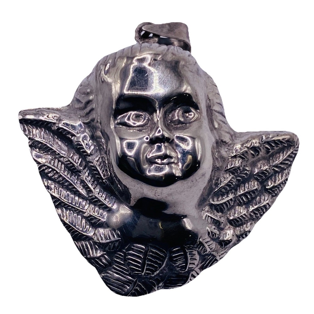 Vtg 925 Sterling Silver Winged Angel Cherub Cupid Hollow Head Pendant Charm ONLY